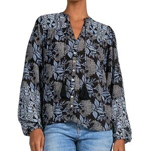 NEW! Elan Blouse Black and Blue Floral Print Long Sleeves Split Neck - XS  $88